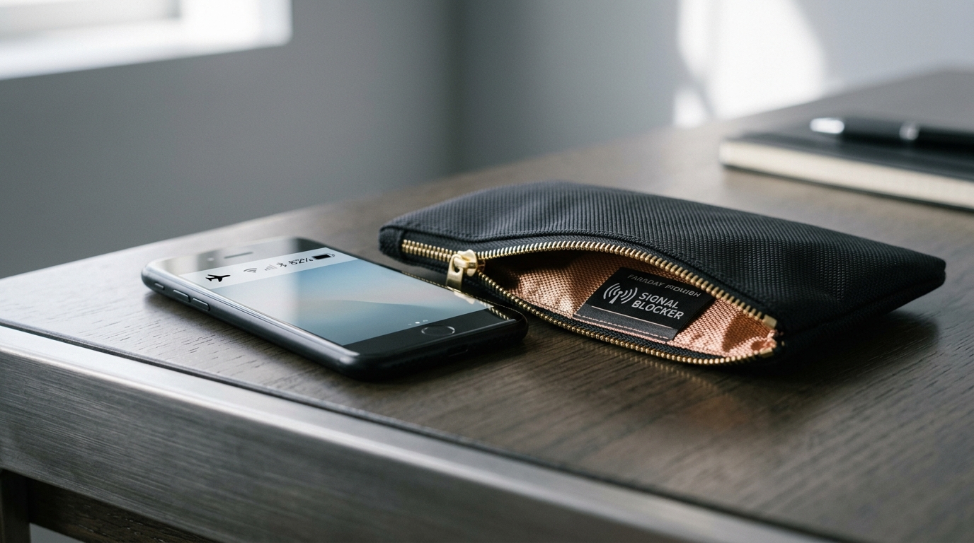 A smartphone showing airplane mode enabled while wireless indicators remain active, sitting next to a Faraday pouch