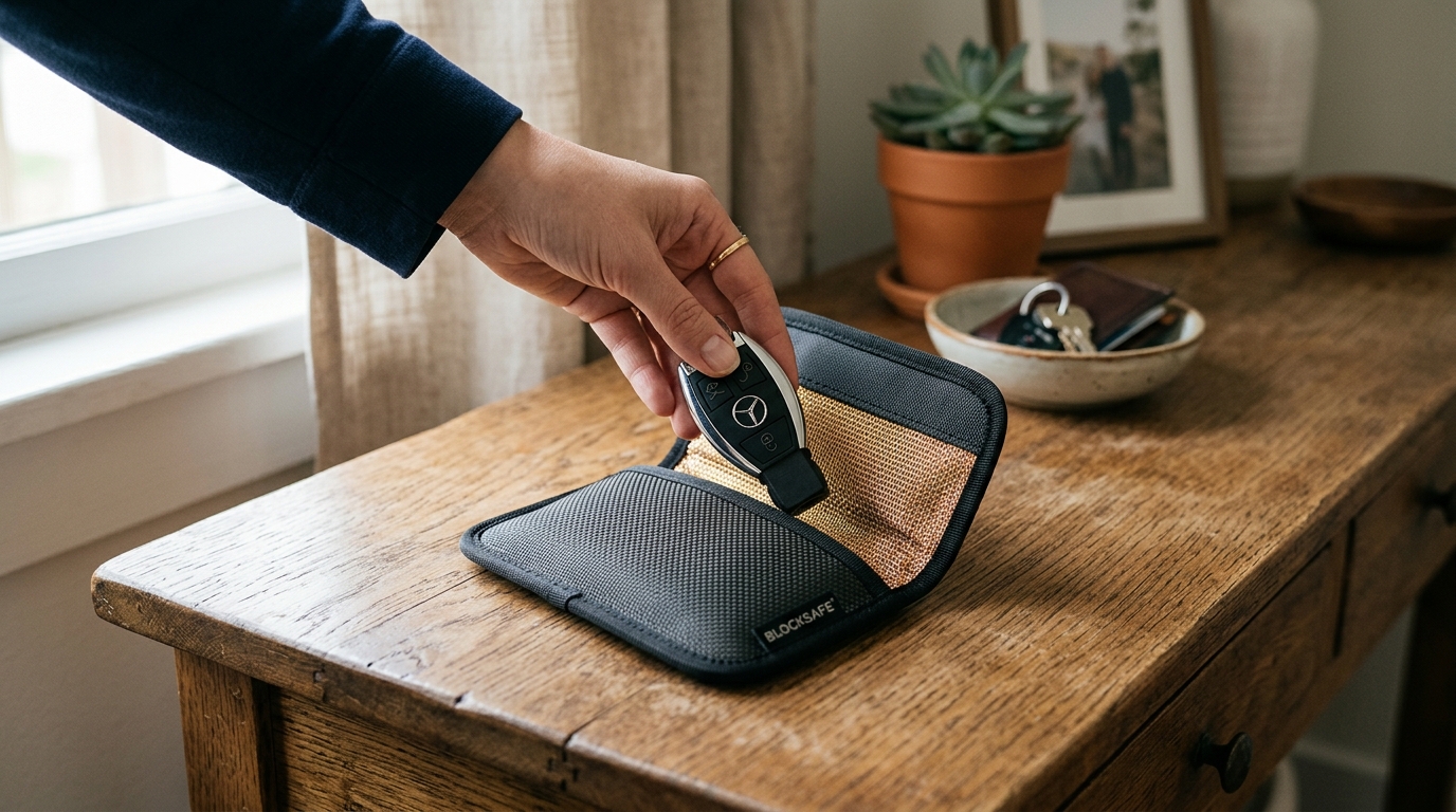 Car key fob being inserted into a compact black Faraday pouch with metallic copper lining on an entryway table