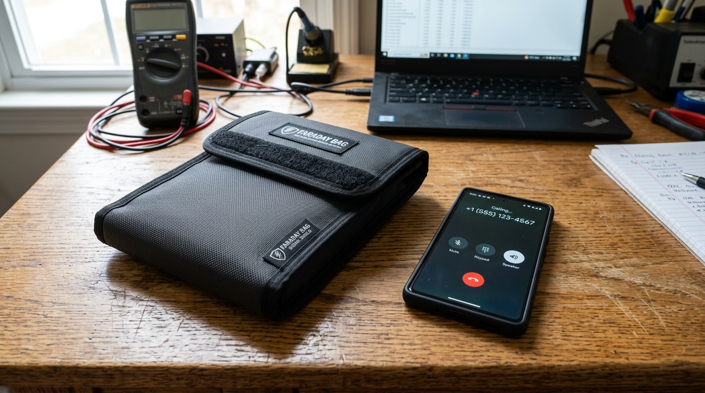 A smartphone sealed inside a Faraday bag while placing a test call from a second device