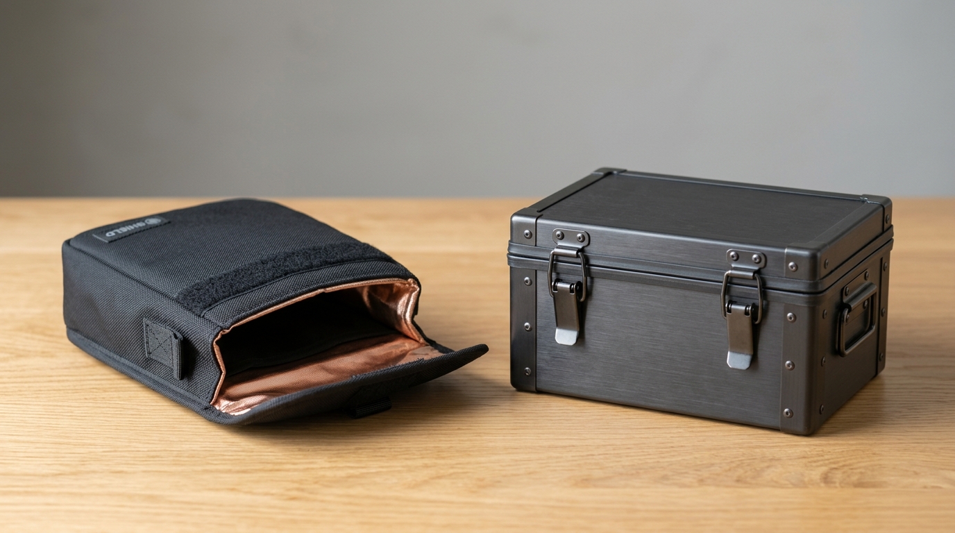 A Faraday bag and a Faraday box shown side by side, illustrating the difference in form factor