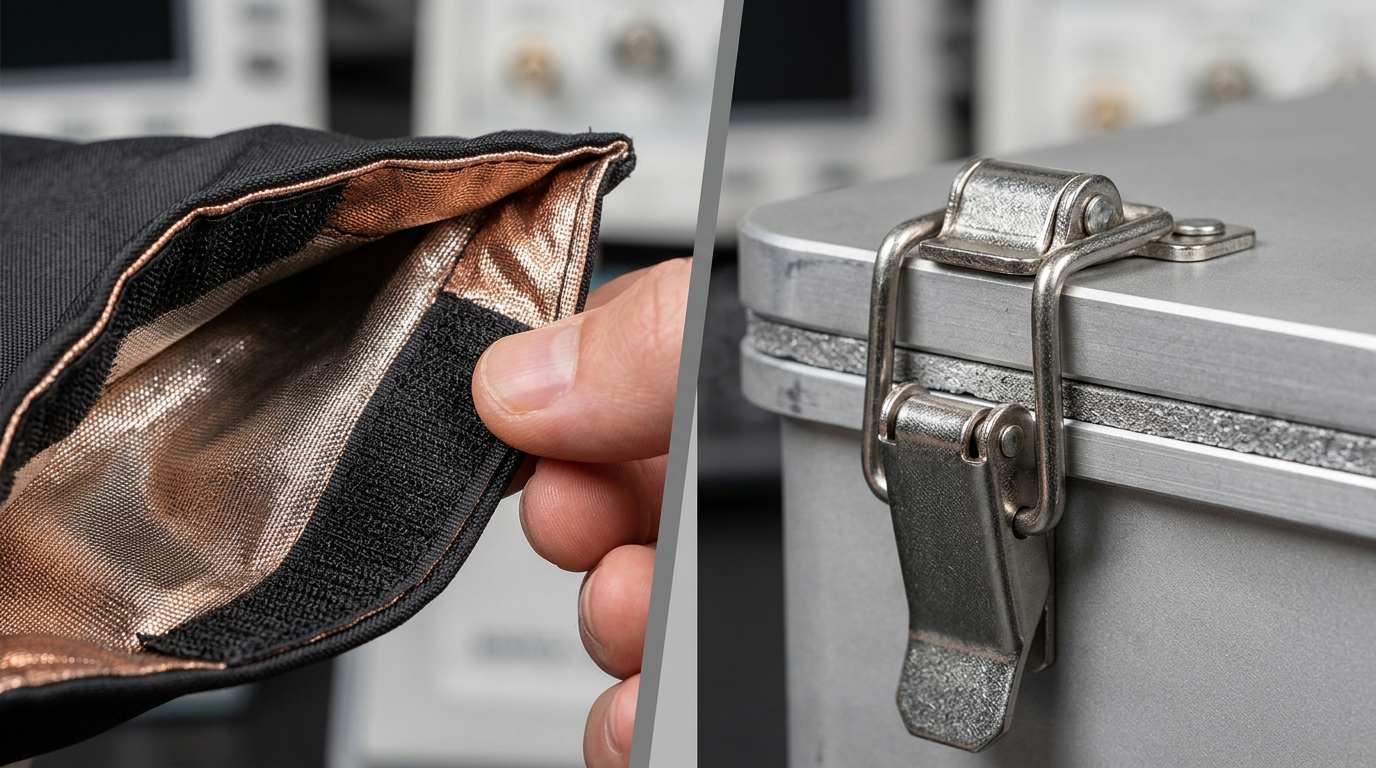 Close-up comparison of a Faraday bag's fold closure and a Faraday box's rigid lid latch