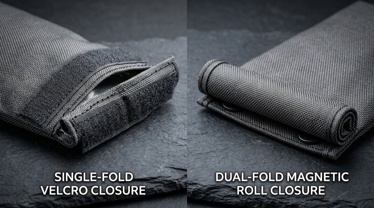 Close-up comparison of a single-fold Velcro seam versus a dual-fold magnetic roll closure on a Faraday bag