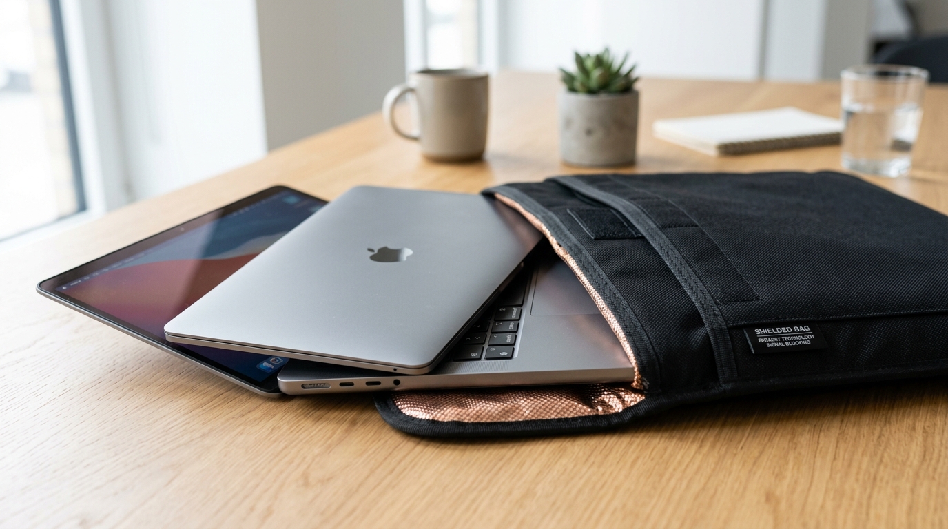 Laptop resting next to a heavy-duty black Faraday sleeve on an executive wooden desk
