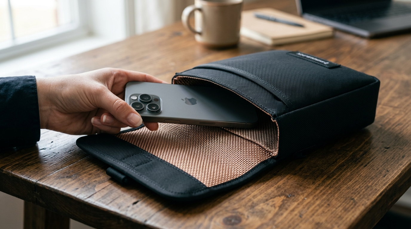 Smartphone sliding into a black Faraday bag showing conductive copper-nickel interior lining on a desk