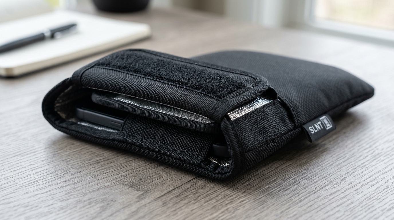 Close-up of a phone Faraday bag dual-fold magnetic and hook-and-loop closure seam