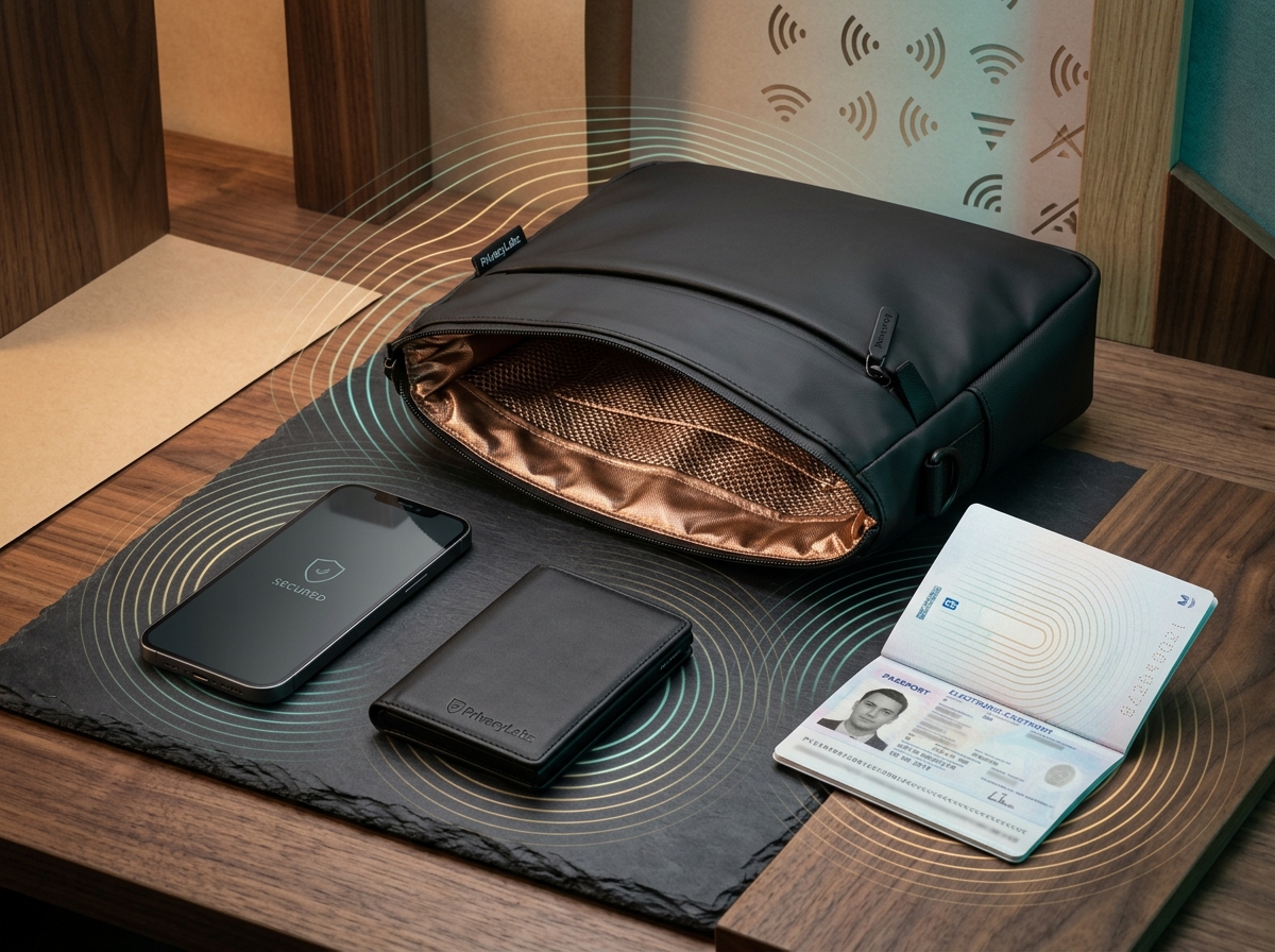 PrivacyLabz practical privacy technology — Faraday bag with metallic shielding, RFID blocking wallet, and isolated smartphone