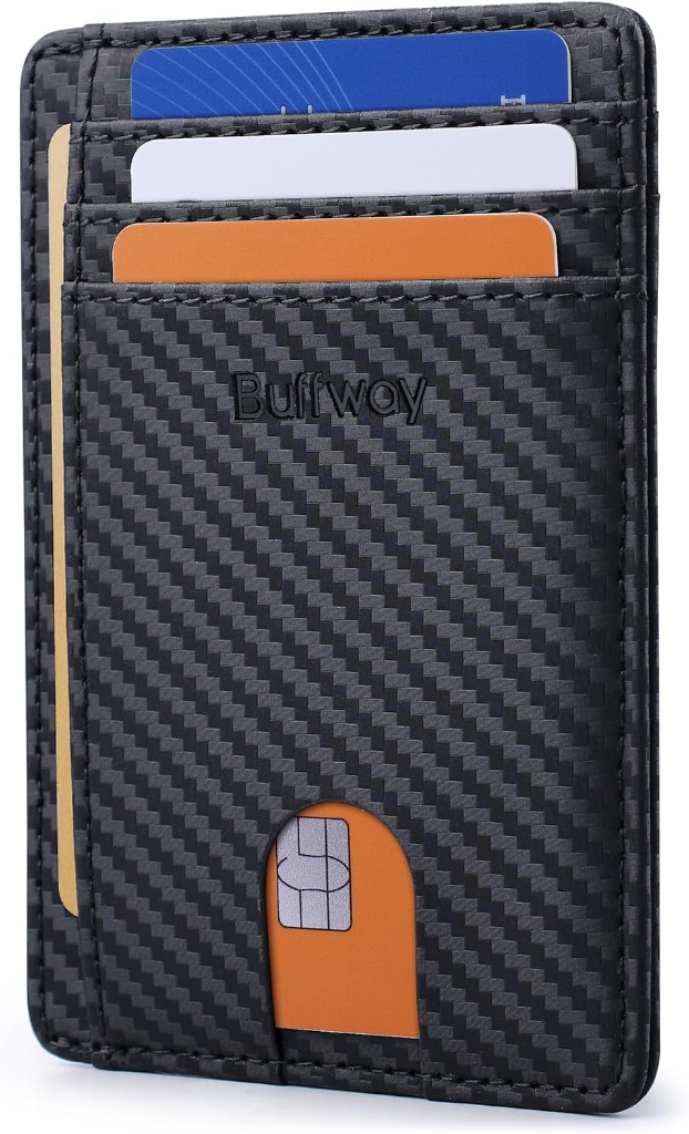Buffway Slim Minimalist RFID blocking front pocket wallet in carbon fiber leather finish with multiple card slots and clear ID window