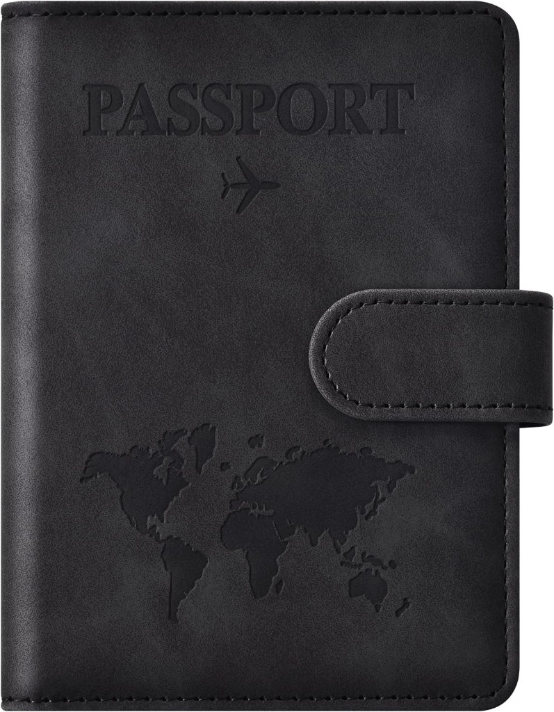 Eoehro black faux-leather RFID blocking passport cover with embossed world map and magnetic clasp closure