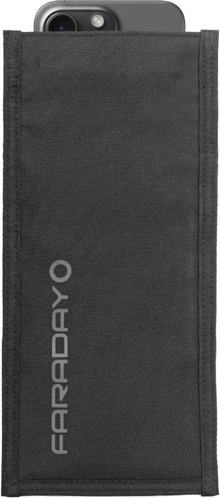 Faraday Defense Faraday Bag Jacket Pro with smartphone showing heavy-duty CORDURA nylon