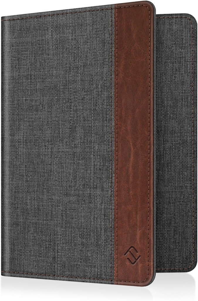 Fintie slim synthetic-leather RFID blocking passport holder in two-tone grey fabric and brown trim