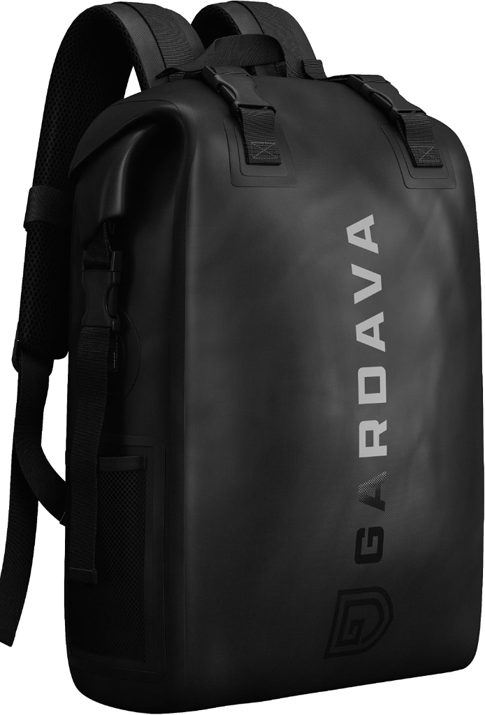 Gardava Faraday Backpack in matte black waterproof fabric with roll-top buckle closure