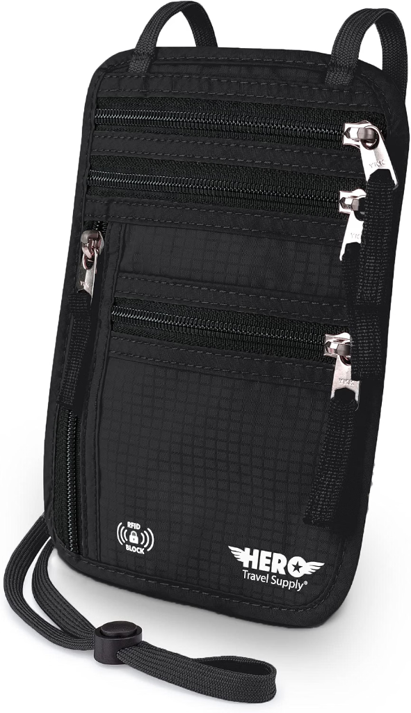 HERO Travel Supply black ripstop nylon neck wallet with multi-zipper compartments and adjustable neck strap