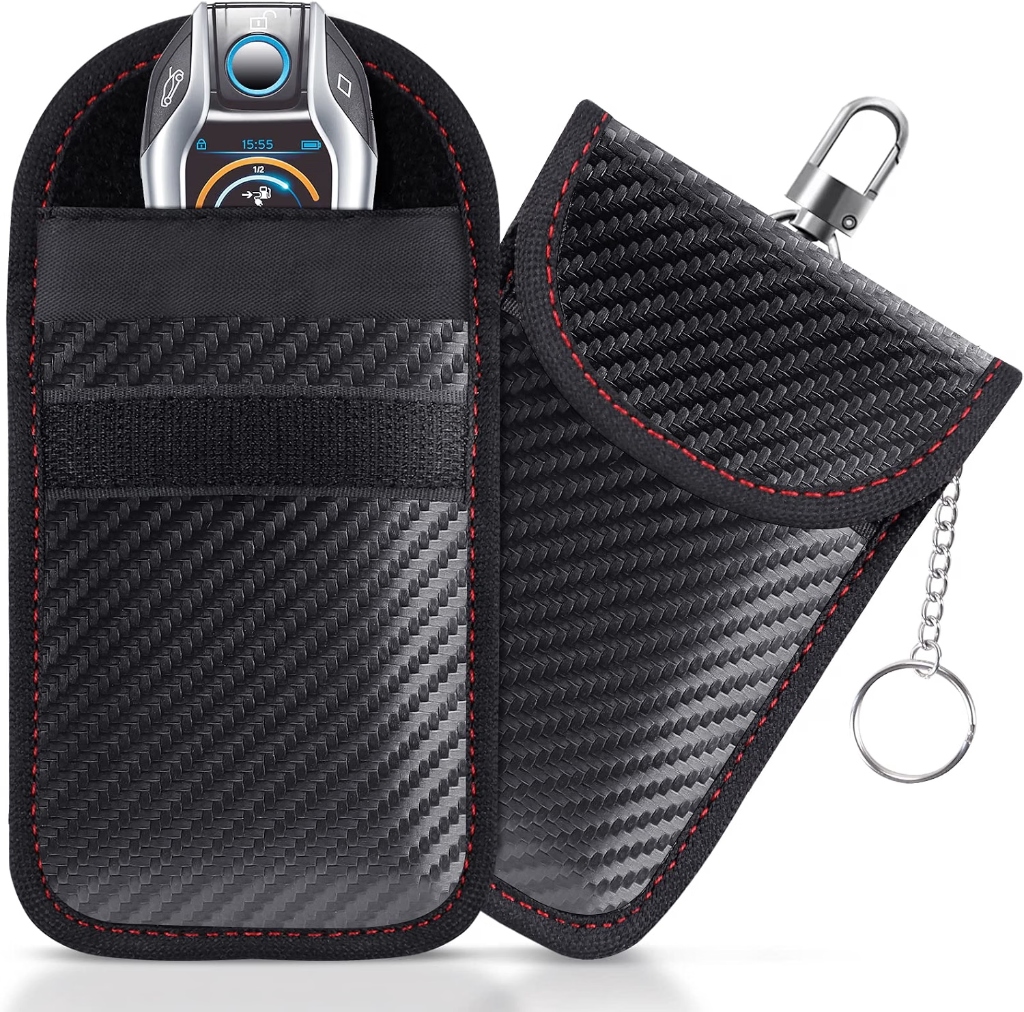 Lanpard Faraday Bag for Key Fob 2-pack in carbon fiber textured fabric with carabiner clip