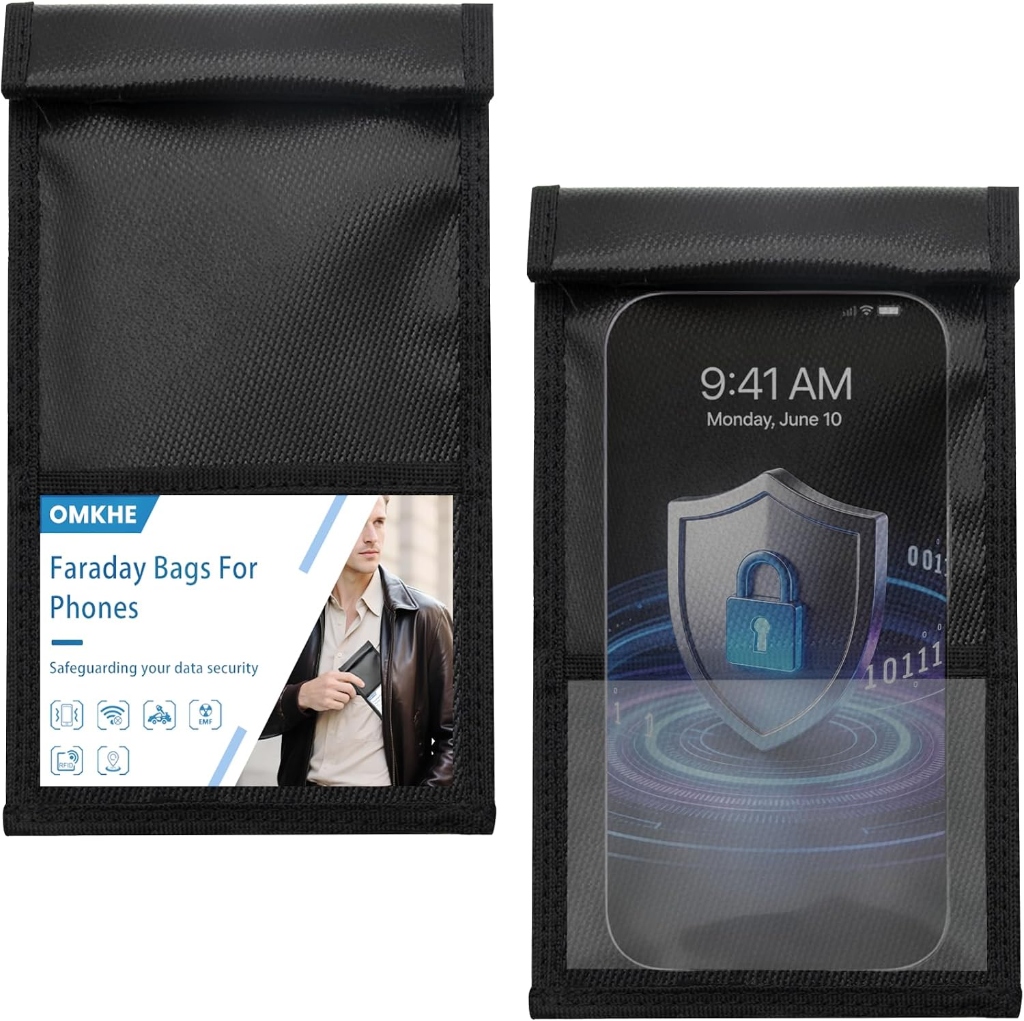OMKHE 2-Pack Military Grade Faraday Bags with carbon fiber texture and double roll closure