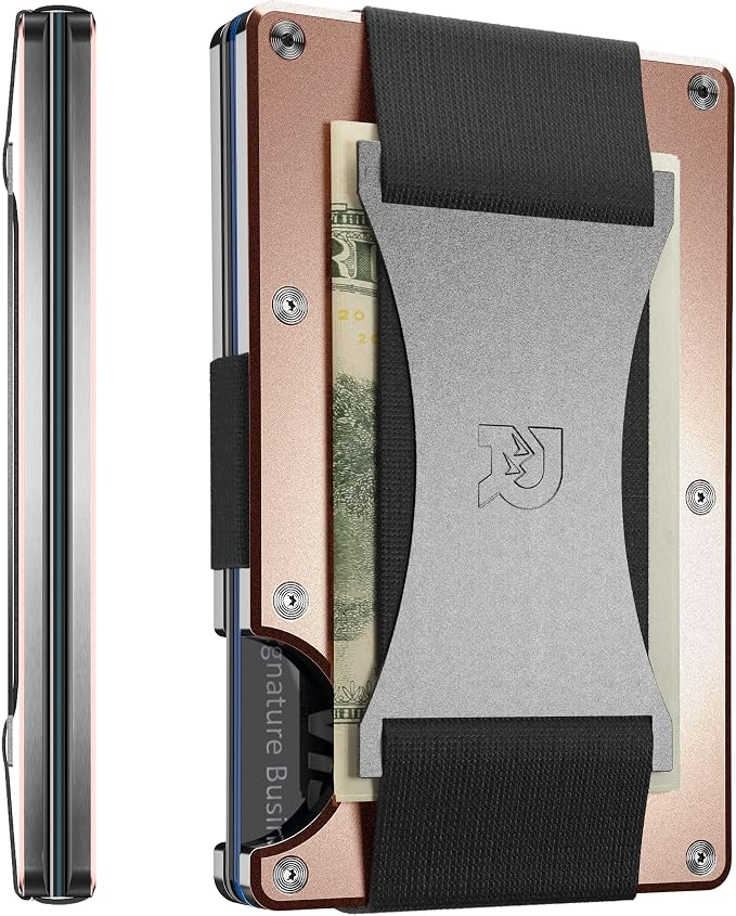 Ridge Wallet for Men Minimalist Metal RFID Blocking Wallet in Rose Quartz aluminum with cash strap and Torx screws