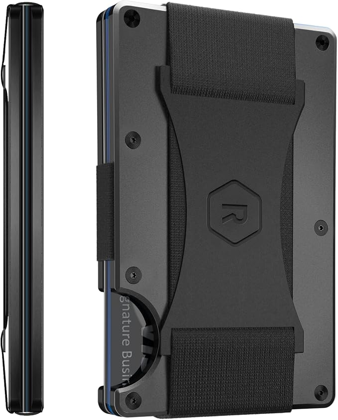 Ridge Men's Minimalist Metal RFID Blocking Wallet With Card Holder showing gunmetal 6061-T6 aluminum plates and elastic cash strap