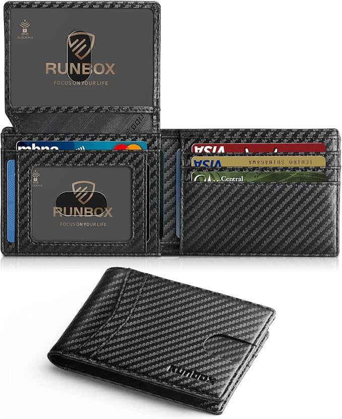 RUNBOX leather RFID blocking bifold wallet open showing carbon fiber texture, card slots, and dual ID windows