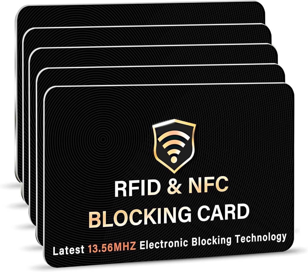 SaiTech IT RFID and NFC blocking cards 5-pack in black with gold concentric circles and shield