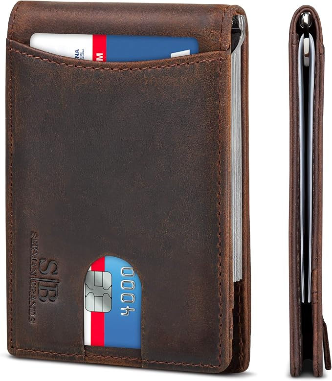 Serman Brands genuine full-grain leather RFID blocking bifold wallet with integrated money clip and quick-access ID slot