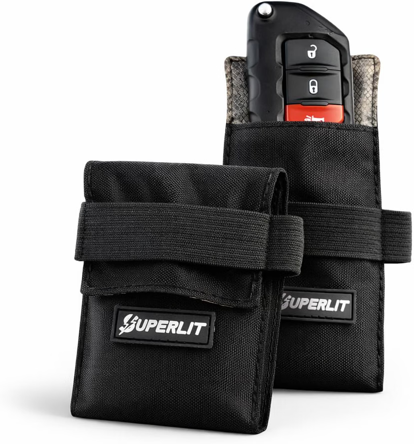 Superlit Faraday Pouch 2-Pack with elastic band closure and rubber brand badge
