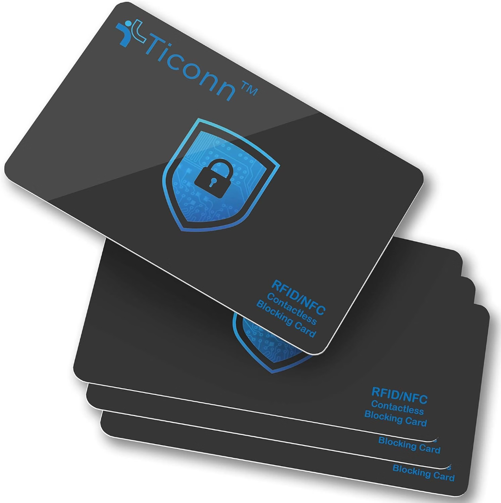 TICONN RFID and NFC contactless blocking card 4-pack in black with cyan shield and lock icon