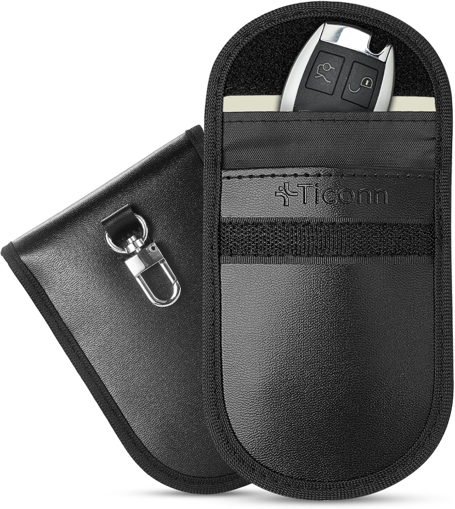TICONN Faraday Bag for Car Key Fob with textured exterior and metal clip