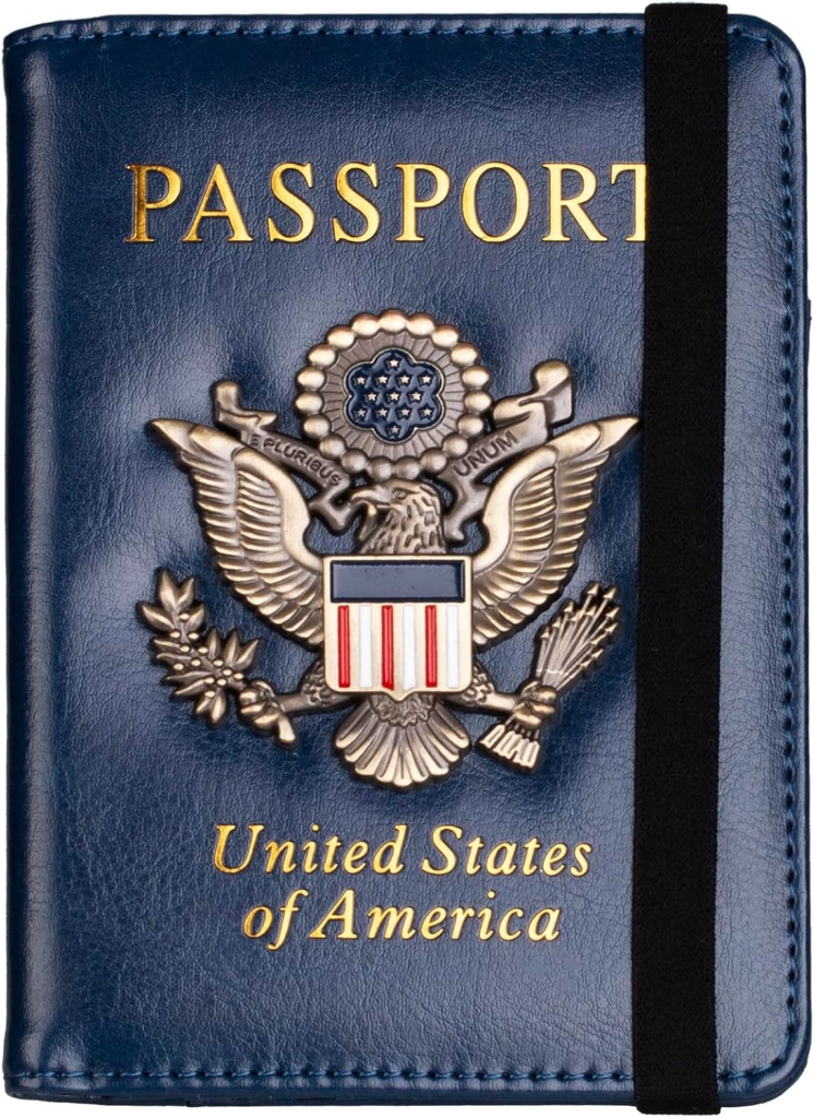 TOURSUIT navy blue faux-leather RFID blocking passport cover with 3D metal US Great Seal emblem and elastic band closure