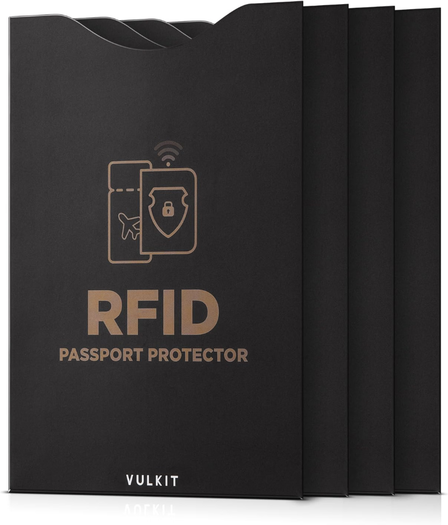 Vulkit black aluminum-lined RFID blocking passport protective sleeves 4-pack