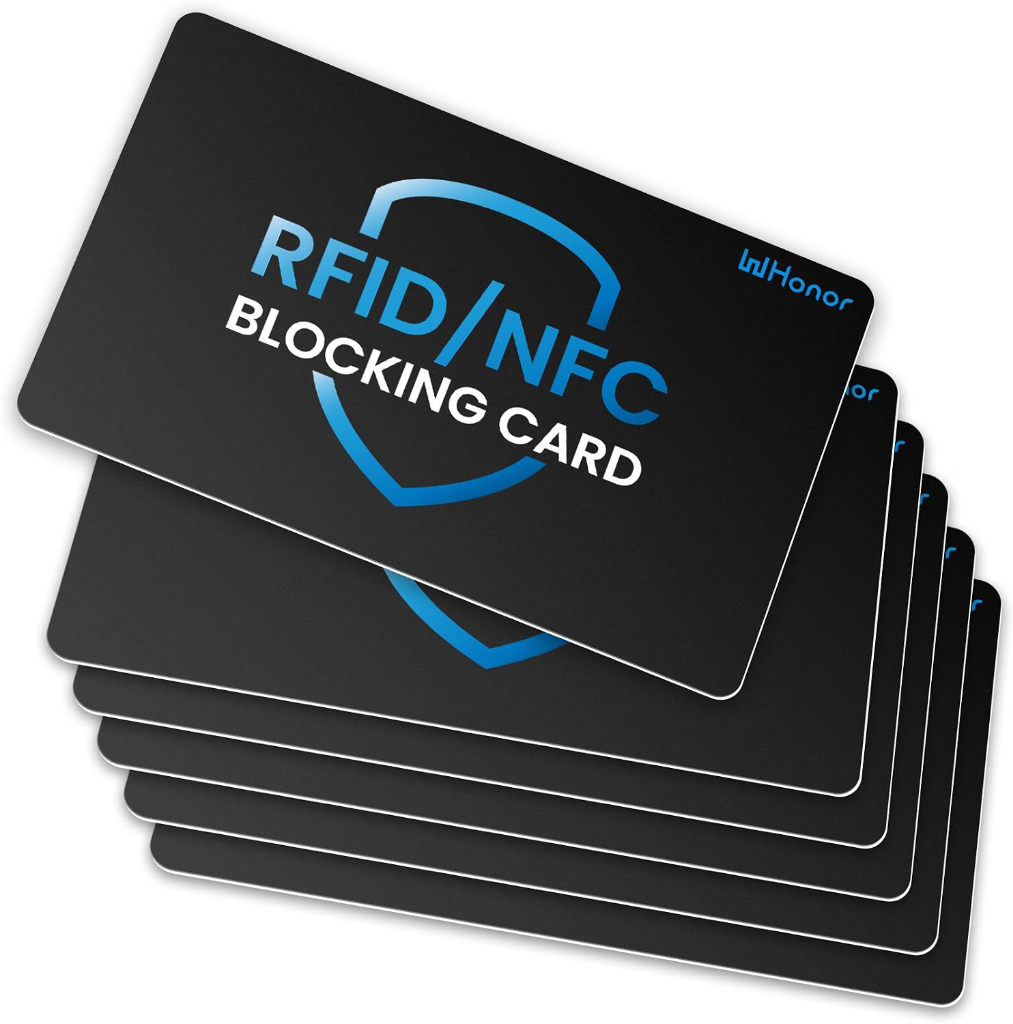 WHonor RFID and NFC blocking card 6-pack in matte black with blue shield logo