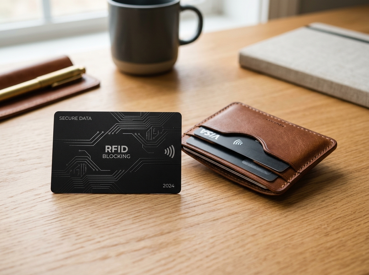 Matte black RFID blocking card placed beside a minimalist leather card wallet with contactless payment cards