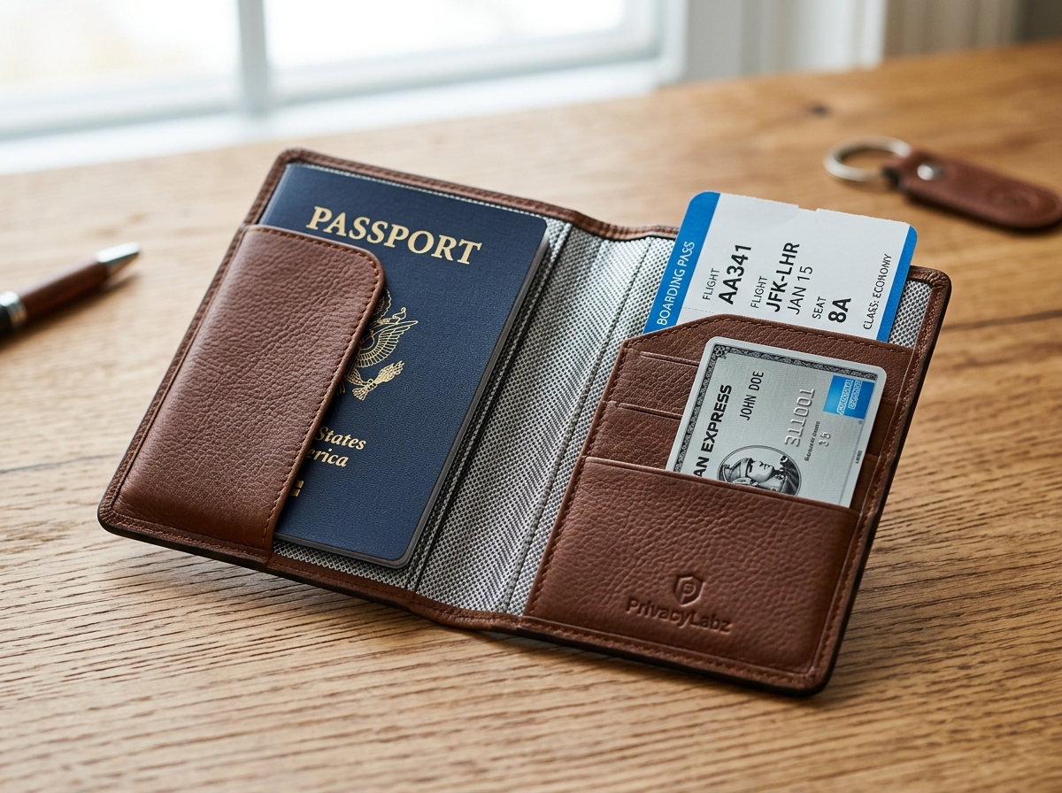 Leather RFID blocking passport travel wallet open on a desk showing protective shielding lining and passport