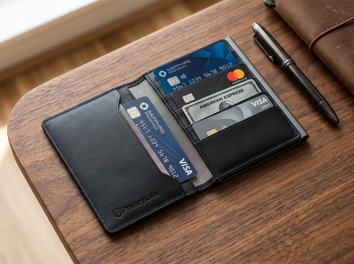Minimalist leather RFID blocking wallet open on a wooden desk showing shielding lining and contactless payment cards