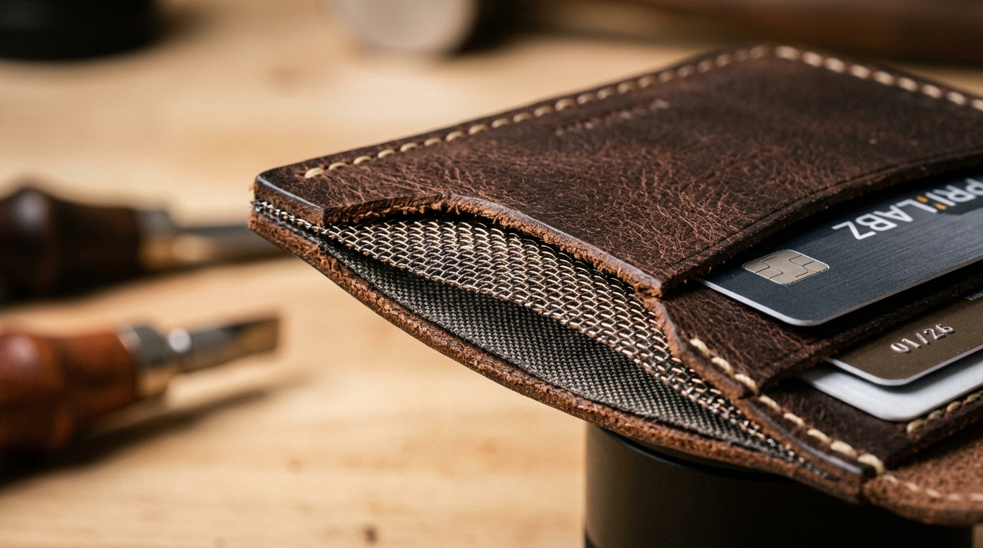 Macro close-up of metallic conductive mesh lining integrated inside leather RFID card slots