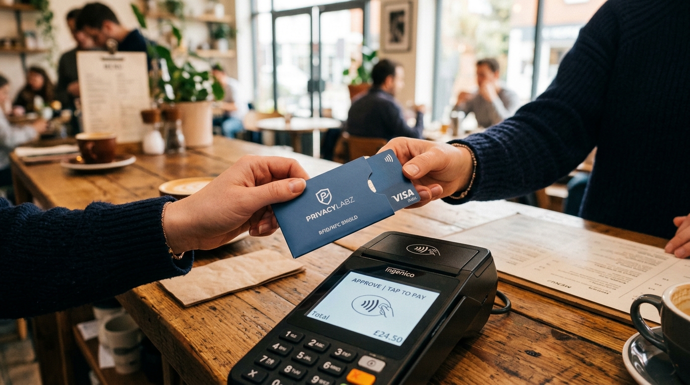Contactless payment card enclosed in an RFID protective sleeve held near a retail point of sale terminal