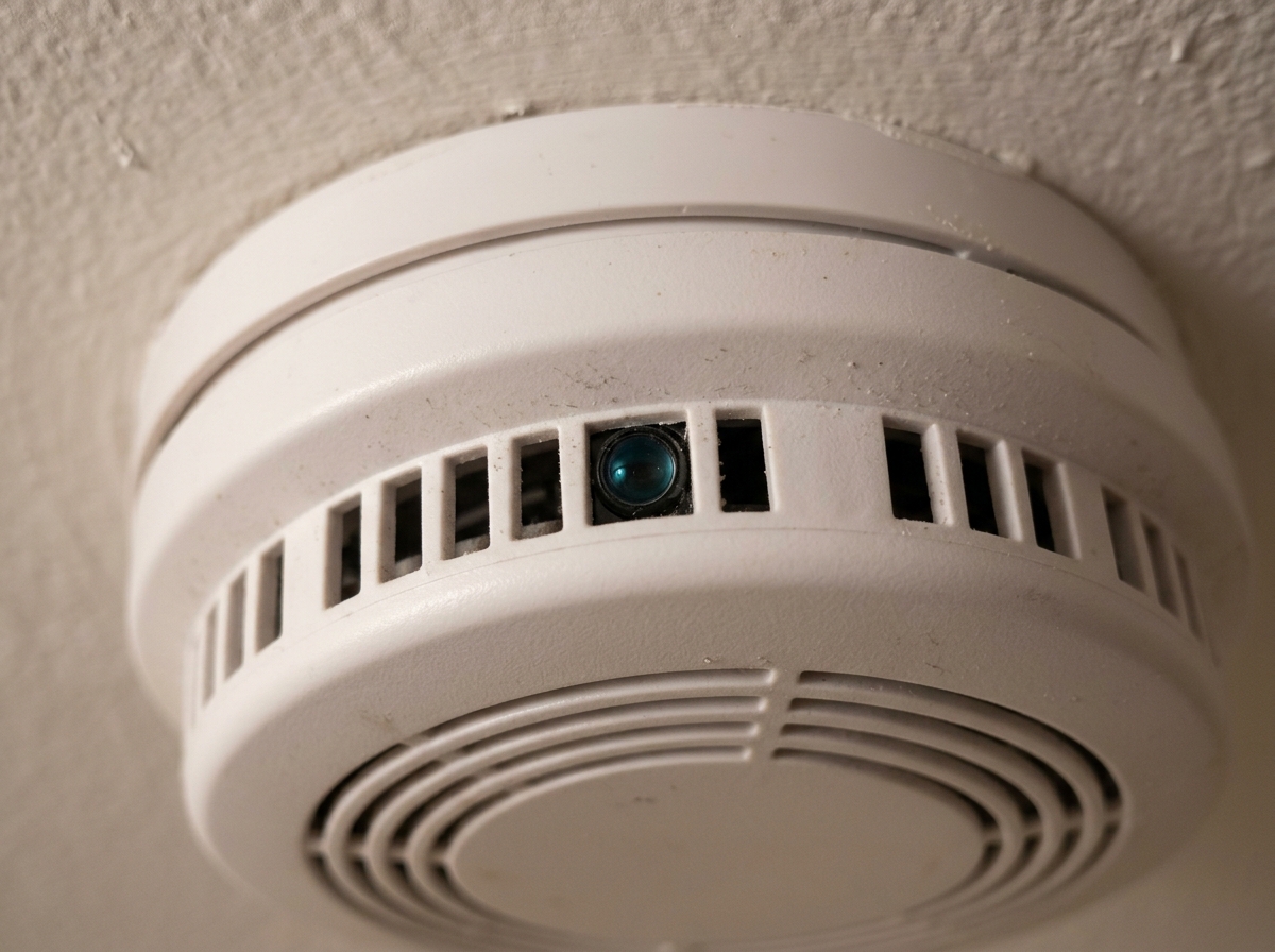 Macro photograph of covert spy camera hidden inside a smoke detector enclosure showing pinhole camera lens peering out