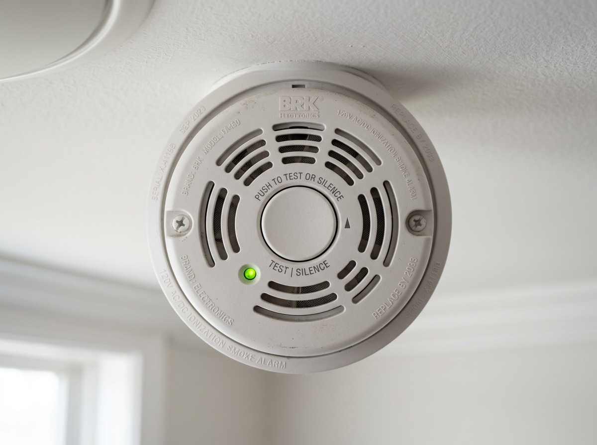 Authentic ceiling-mounted smoke detector showing symmetrical circular airflow vents, test button, and green LED