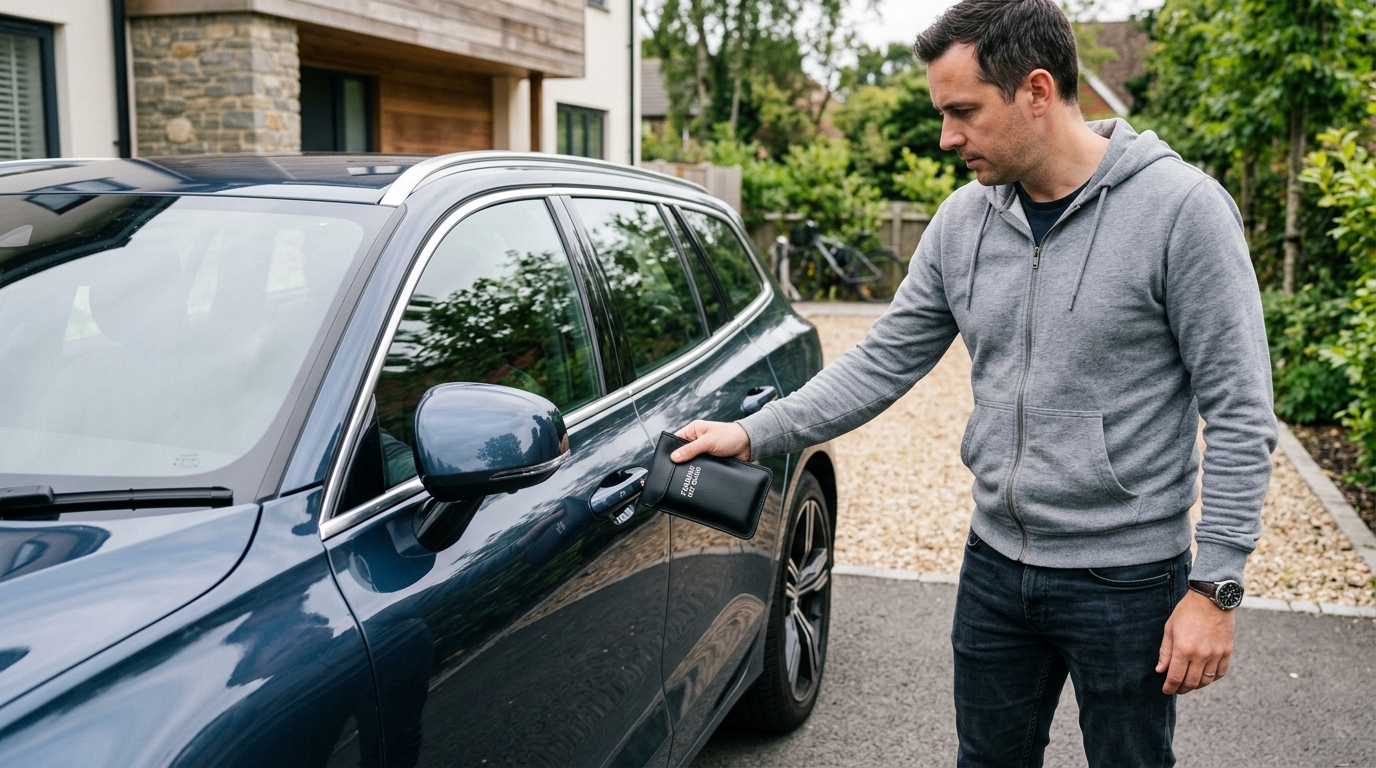 A person testing a sealed Faraday key pouch at a vehicle door handle