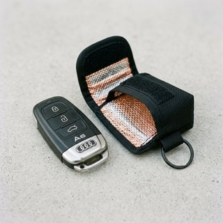 Car key fob next to a compact Faraday pouch