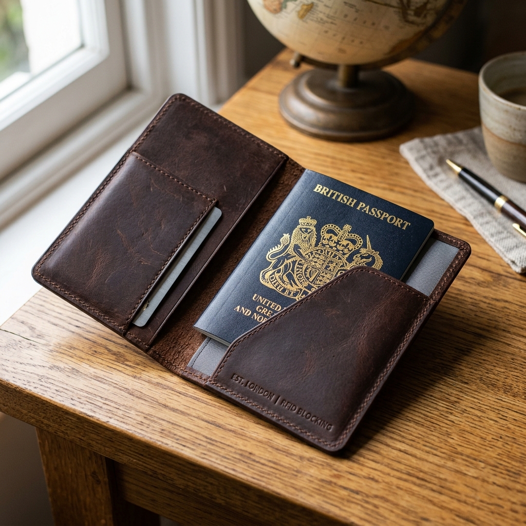 Leather RFID-blocking passport holder cover with passport partially inserted