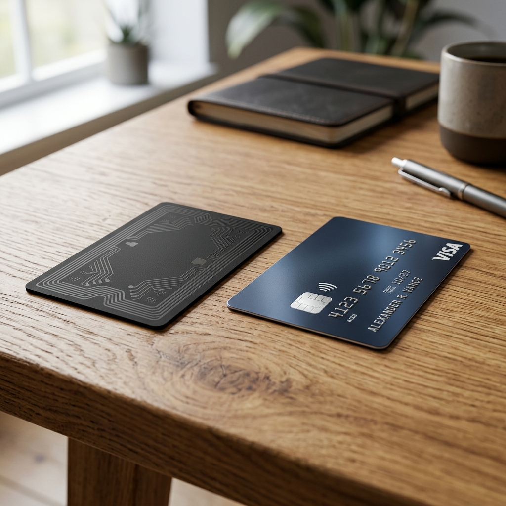 Matte black RFID blocking card next to a payment card