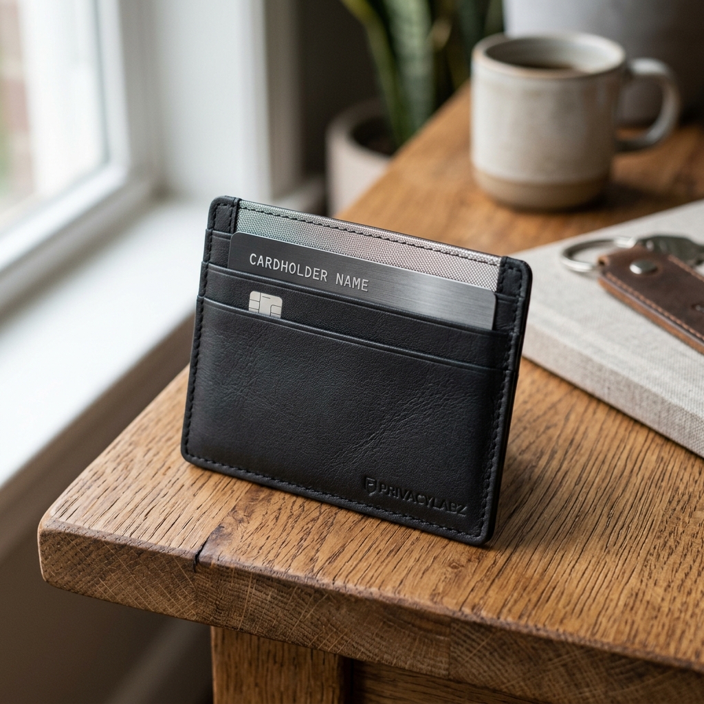 Minimalist leather RFID-blocking wallet showing shielded card slots