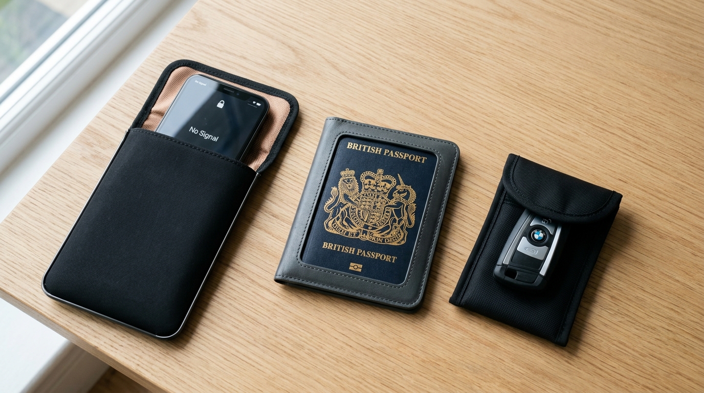 Travel Faraday gear lineup featuring a shielded smartphone sleeve, biometric passport holder, and car key pouch on a wooden surface